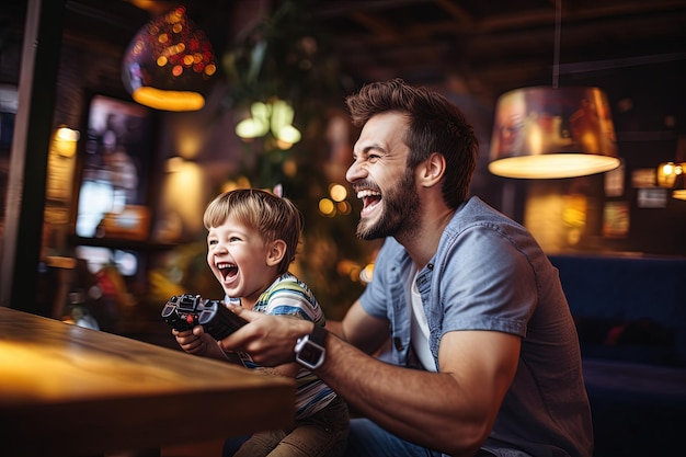 A man and a child playing a video game