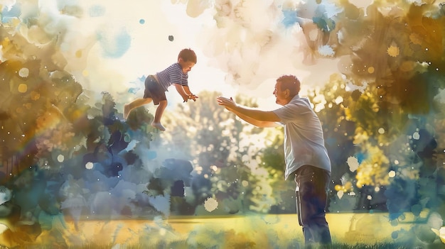 Photo a man and a child playing with a ball in the grass