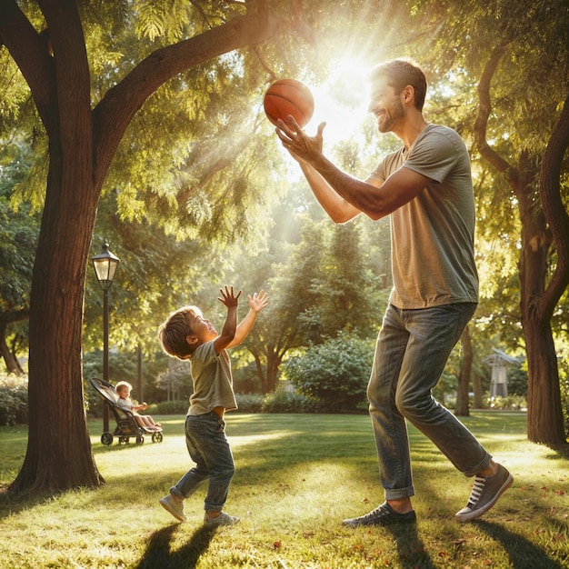 a man and a child playing with a ball in the park