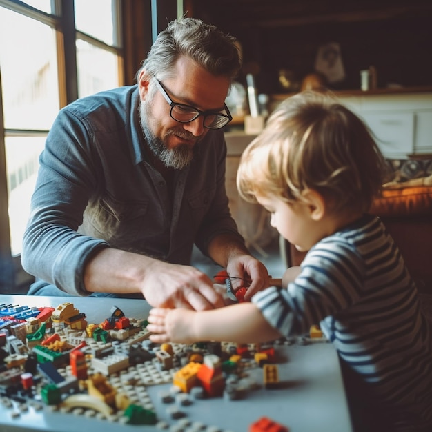 a man and a child playing with a lego board