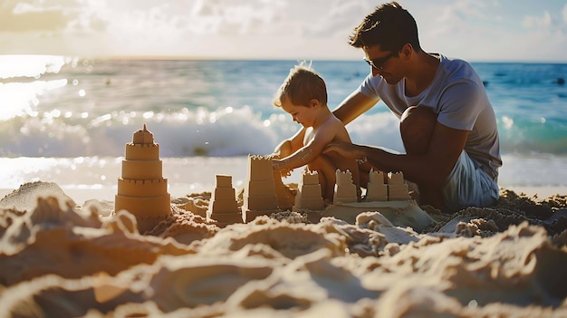 a man and a child playing with a sand castle on the beach