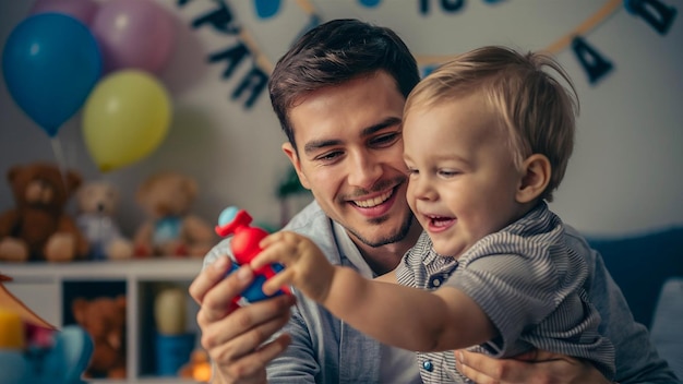 a man and a child playing with a toy with the words happy birthday on the wall