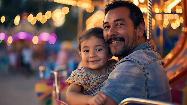 a man and a child ride in a carnival ride