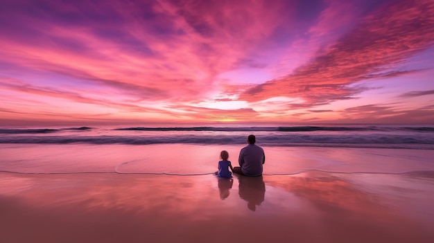 A man and a child sit on the beach watching the sunset.