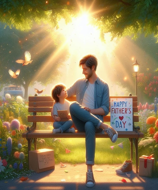 a man and a child sit on a bench with a sign that says happy fathers day