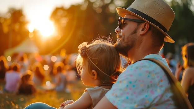 a man and a child sit in a park with the sun behind them