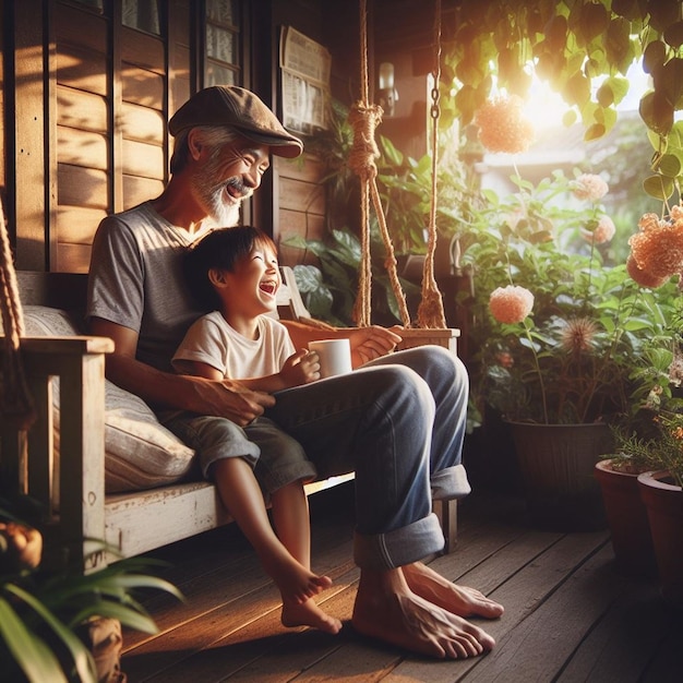 a man and a child sit on a porch one of them is holding a cup of coffee