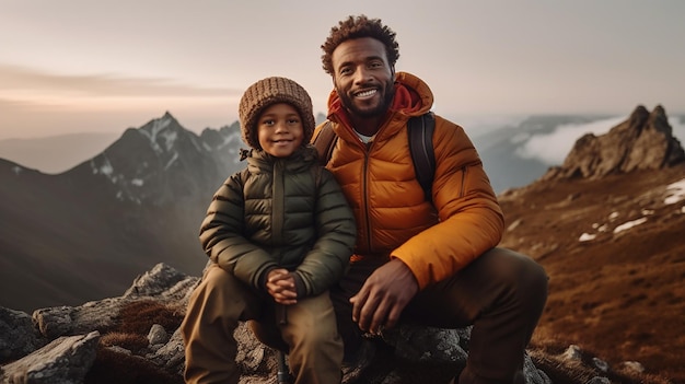 A man and a child sit on a rock in front of a mountain.