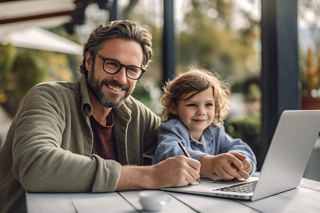 A man and a child sit at a table with a laptop and a laptop.