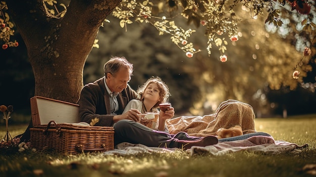 A man and a child sit under a tree and drink tea.