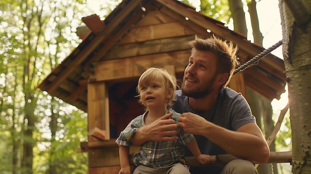 a man and a child sit on a wooden fence