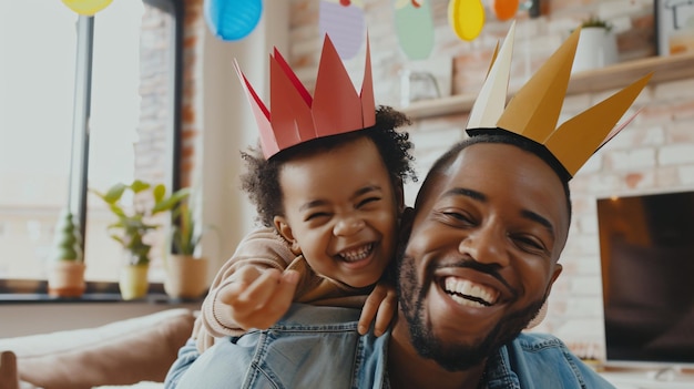 a man and a child smiling and laughing with a party hat on their head