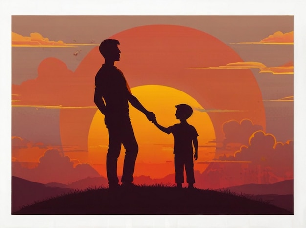 Photo a man and a child stand on a hill with the sun behind them