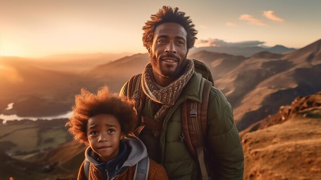 A man and a child stand on a mountain with a sunset in the background.