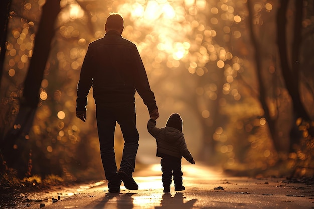 A man and a child walking down a road