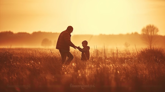 A man and a child walking in a field at sunset