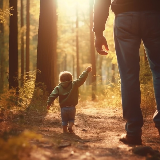 A man and a child walking in a forest holding hands.