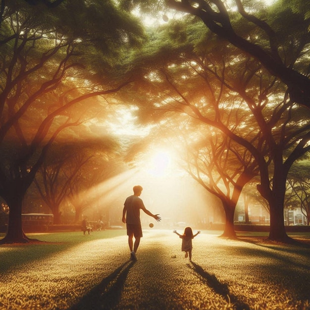 a man and a child walking in a park with trees in the background