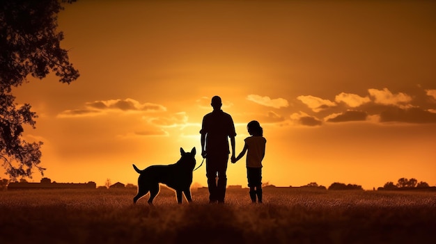 A man and a child with their dog and a sunset in the background