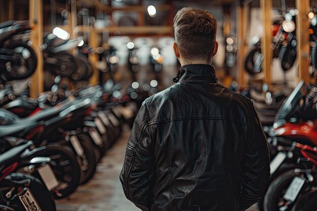 Photo man choosed motorcycles in moto shop guy in a black jacket