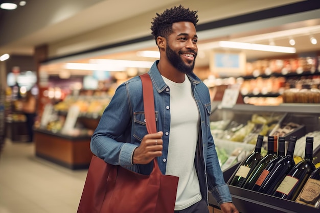 Man chooses bottle of aged wine using a smartphone in store