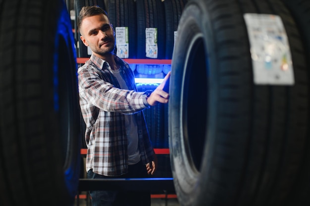 Man chooses winter car tires in the auto shop