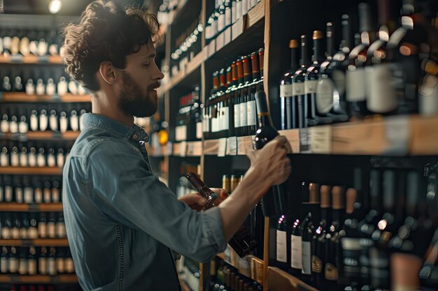 Photo man choosing bottle in wine store