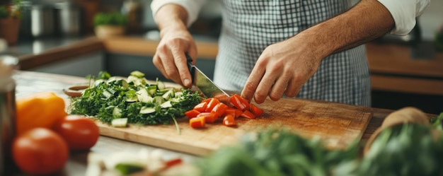 Photo man chopping fresh vegetables on wooden cutting board with herbs and ingredients for healthy cooking