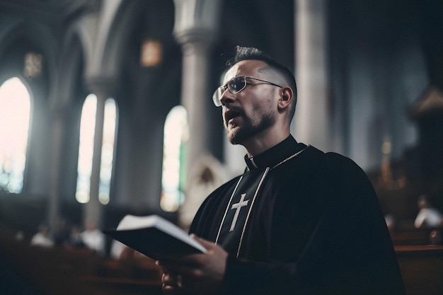 A man in a church wearing glasses and holding a bible