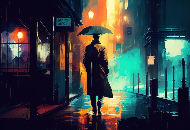 Man to the city with an umbrella illustration Ai genrative