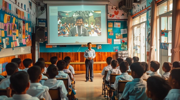 a man in a classroom with a screen that says quot school quot