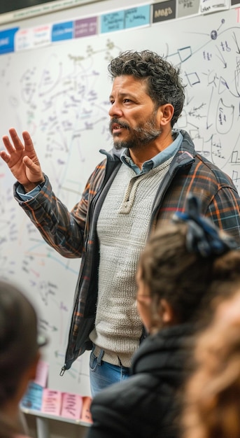 man in a classroom with the words quot math quot on the whiteboard