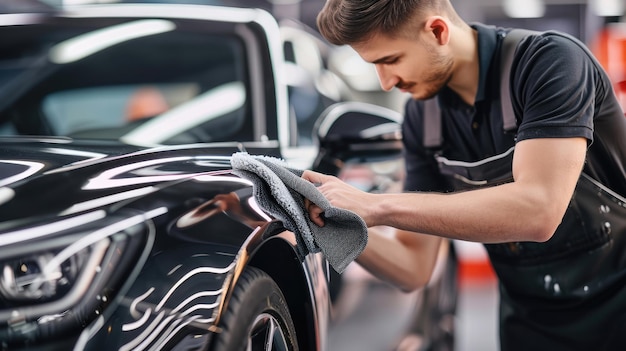 Man cleaning black car with microfiber cloth