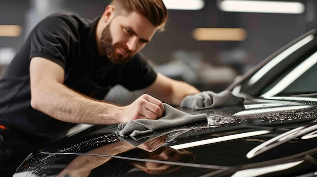 Man cleaning black car with microfiber cloth