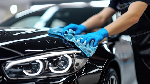 Man cleaning black car with microfiber cloth