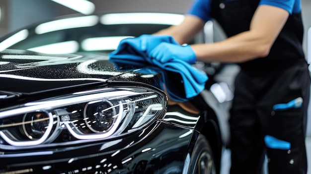 Man cleaning black car with microfiber cloth