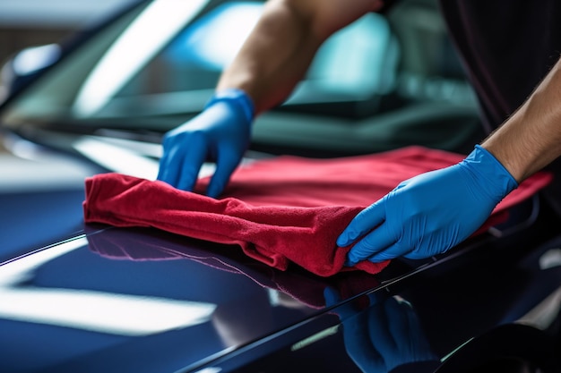 Man cleaning and detailing luxury car with microfiber cloth Car wash service Man hand holding red