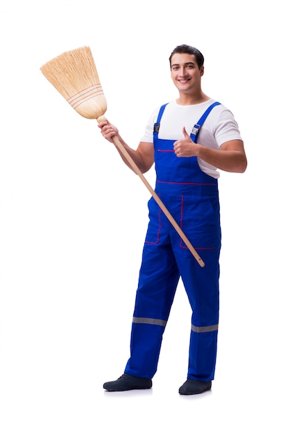 Man cleaning floor isolated on white