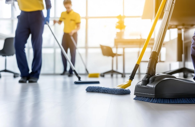 Photo a man cleaning the floor with a broom and a broom