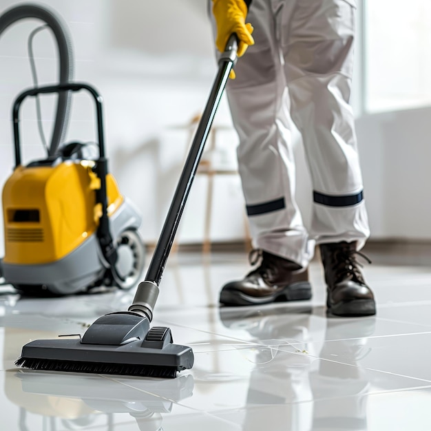 Photo a man cleaning a floor with a vacuum cleaner