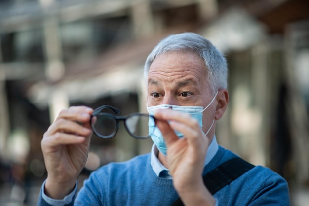 Man cleaning his eyeglasses fogged due to the mask covid coronavirus vision concept