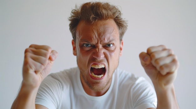 Photo a man clenching their fists and shouting in frustration expressing anger and tension