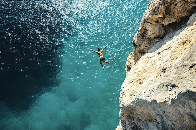 Photo man cliff jumping into turquoise water summer vacation lifestyle