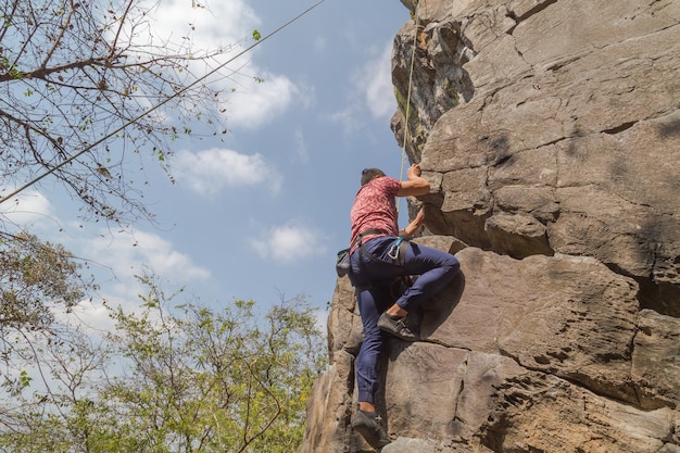 Man climbing on an impressive rock