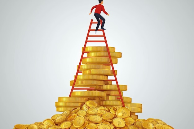 Photo man climbing ladder to success on a pile of gold coins