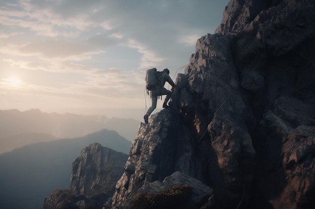 A man climbing a mountain with a large backpack.