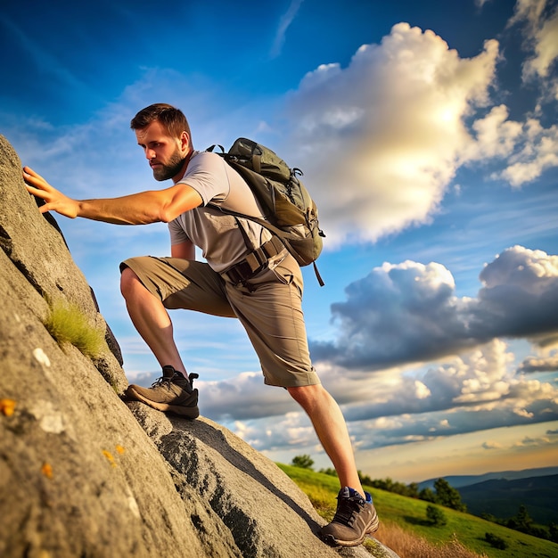 a man climbing a rock with a backpack on his back