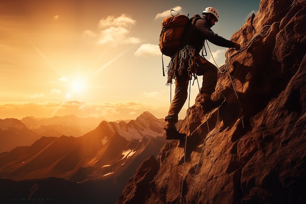 Man Climbing on a Rocky Cliff with Rope and Safety Equipment at Sunrise