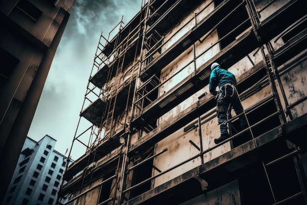 Man climbing on scaffolding near building created with generative ai