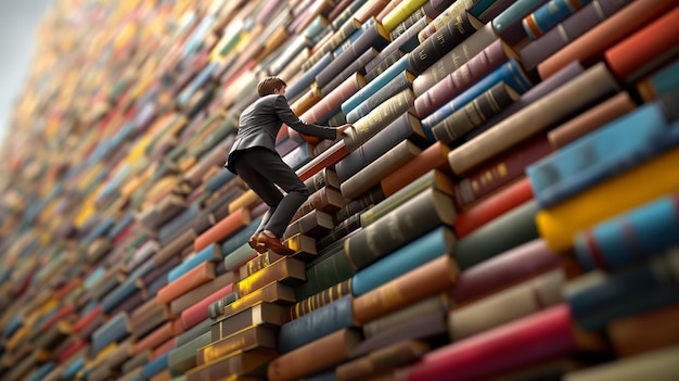 Photo man climbing a tower of books in a suit